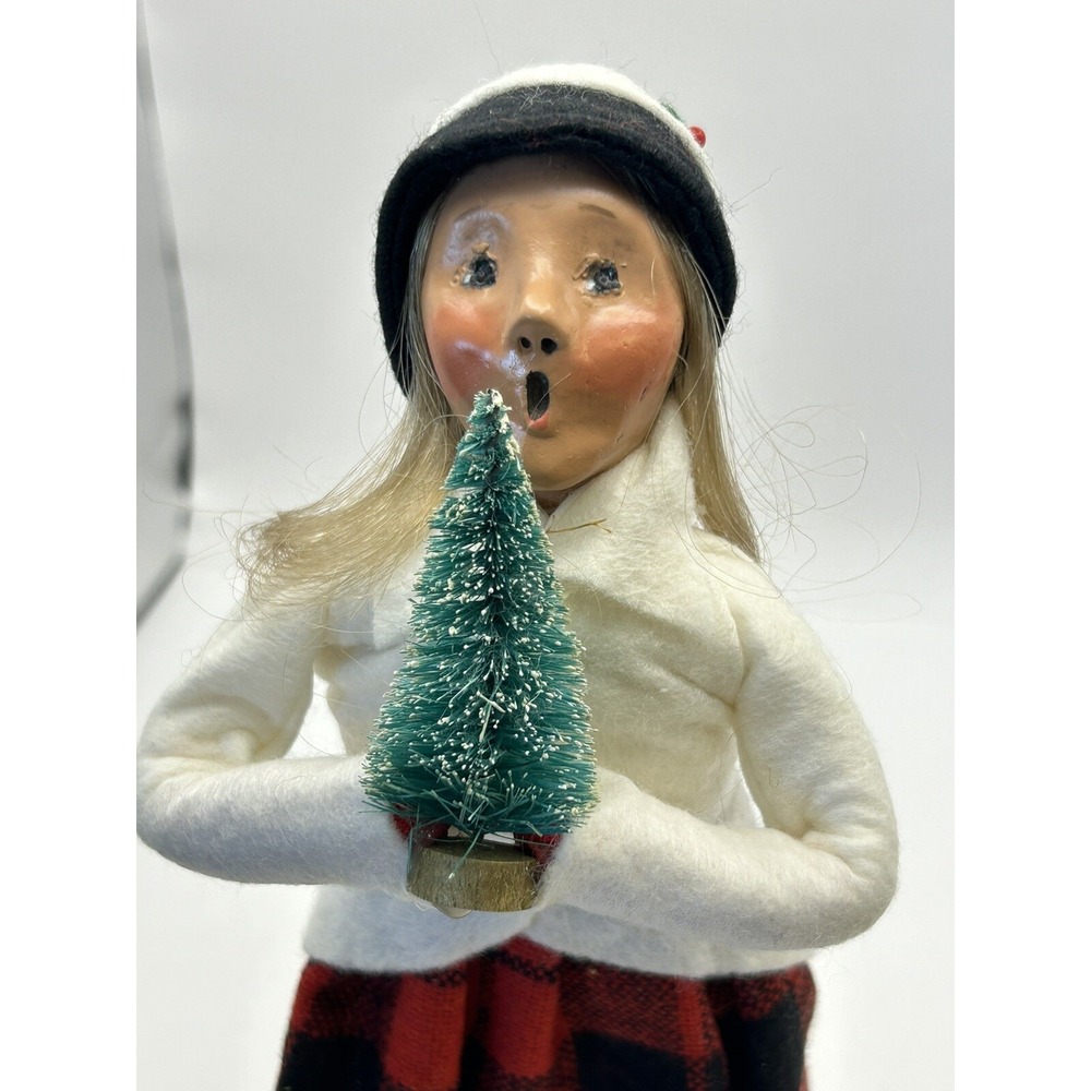 Vintage 1990 Byers' Choice Carolers White Coat Red Plaid Skirt W/Tree 9 1/2"